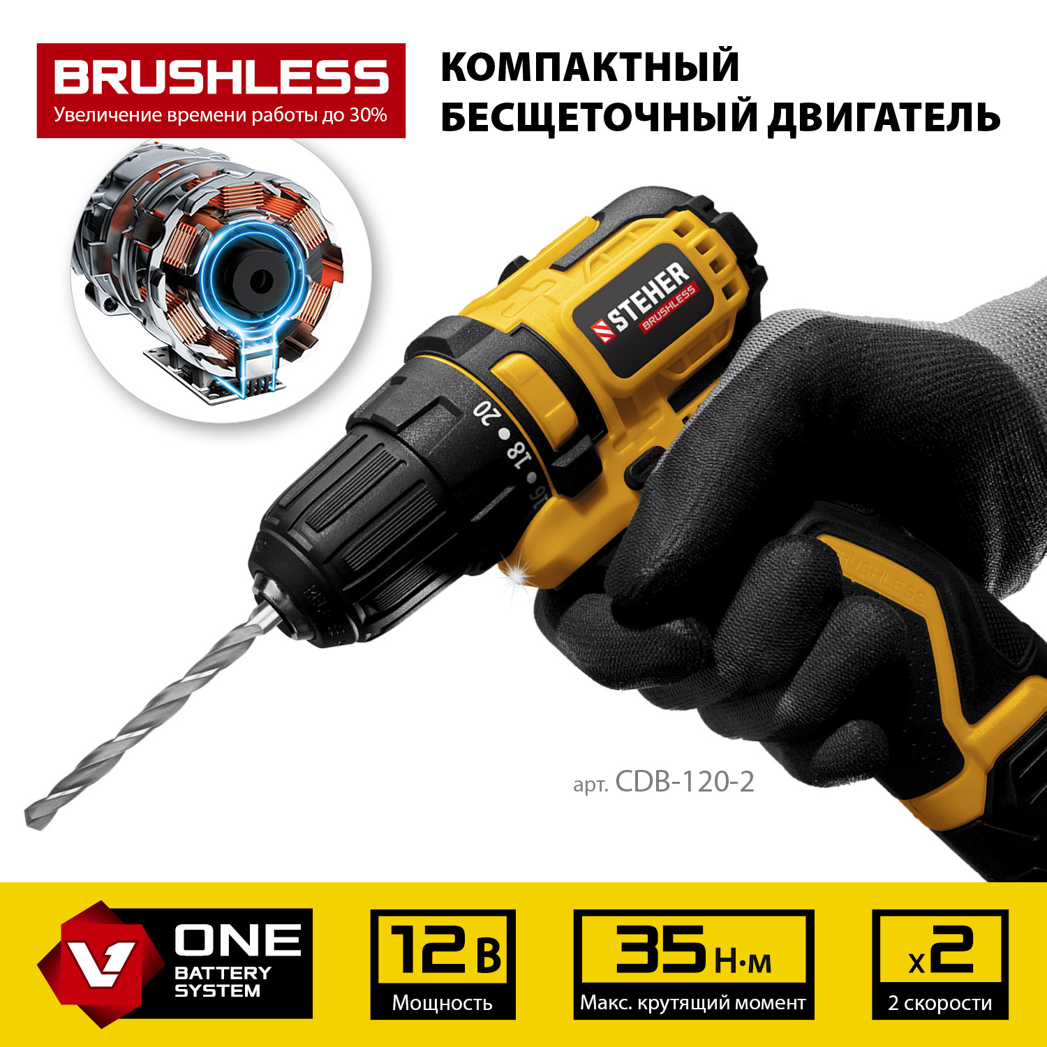 Бесщеточная дрель-шуруповерт, 2 АКБ (2 Ач), в кейсе CDB-120-2