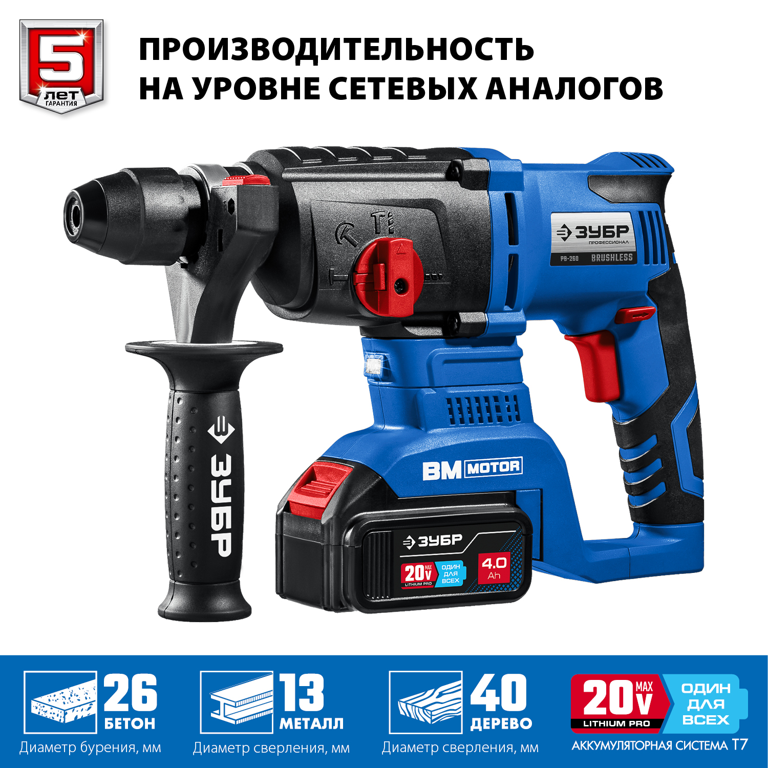 Бесщеточный перфоратор, 2 АКБ (4 Ач), в кейсе PB-260-42